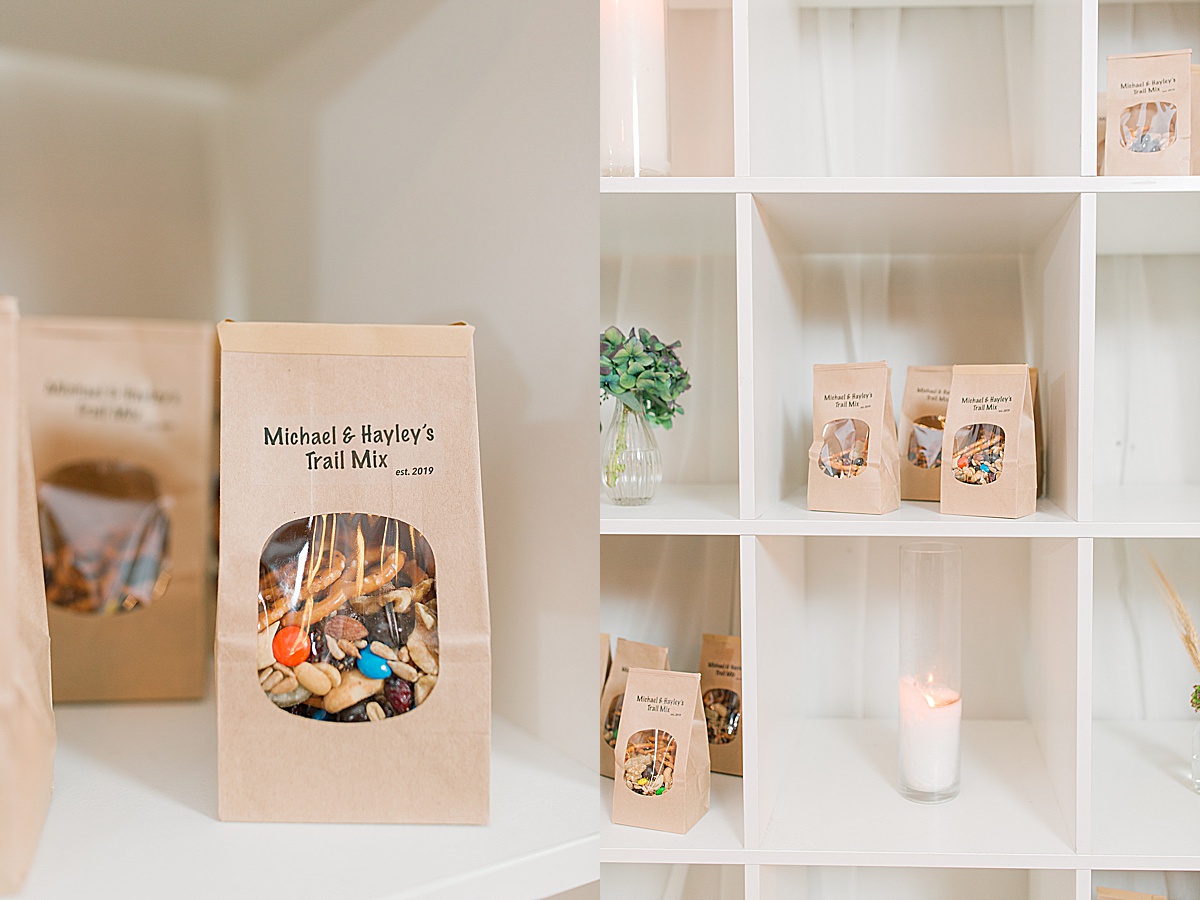 Michael and Hayley's Wedding Guest Gift Trail Mix Bags on Shelf 