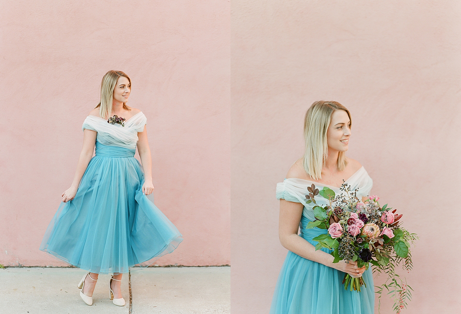 Jamie in Vintage Blue Dress Twirling and Holding Bouquet Flowers Photos 