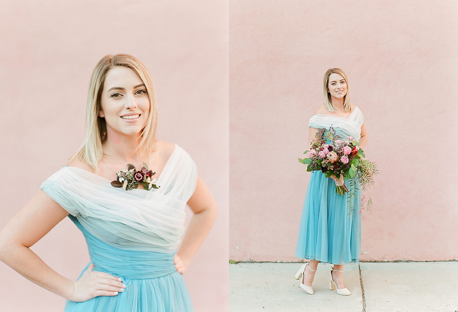 Jamie in Blue Cinderella Party Dress in front of pink wall in Downtown Charleston Photos 