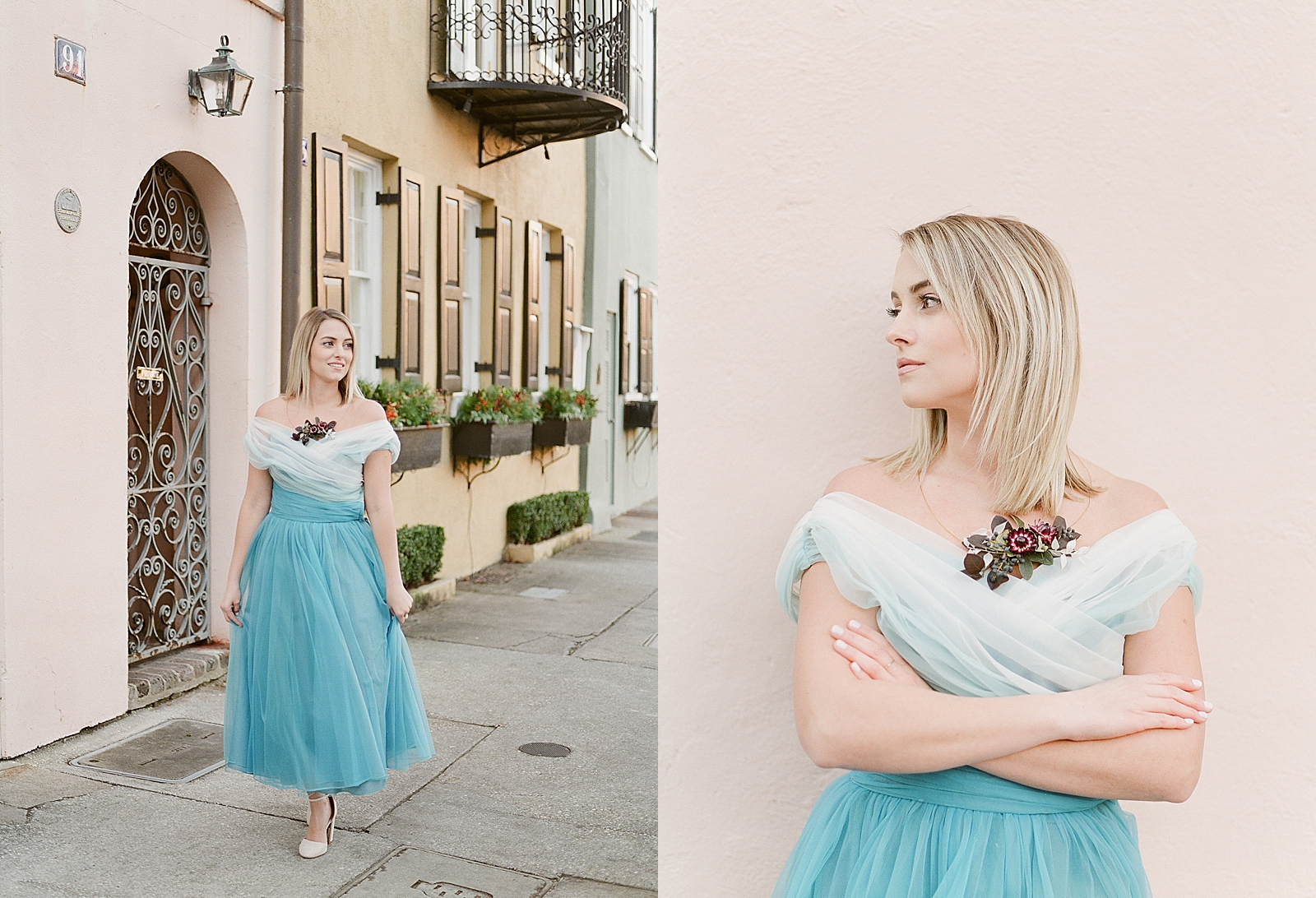 Jamie in Cinderella Blue Vintage Dress Walking Down Sidewalk and leaning on wall photos 