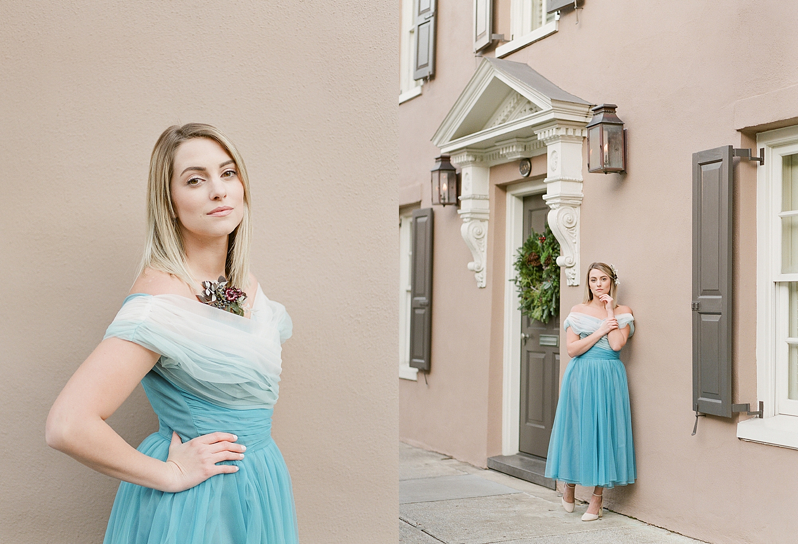 Jamie in Blue Dress Looking at Camera in Downtown Charleston Photos 