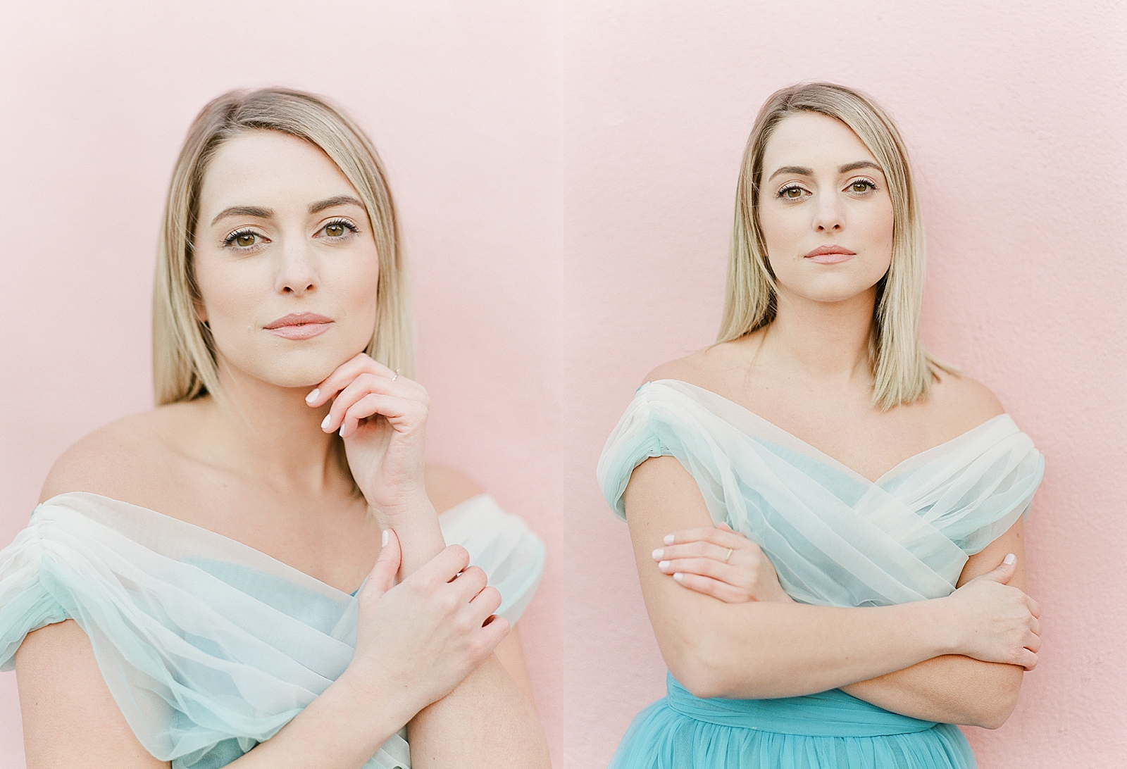 Jamie in Vintage Blue Dress Leaning against Pink Wall Photos 