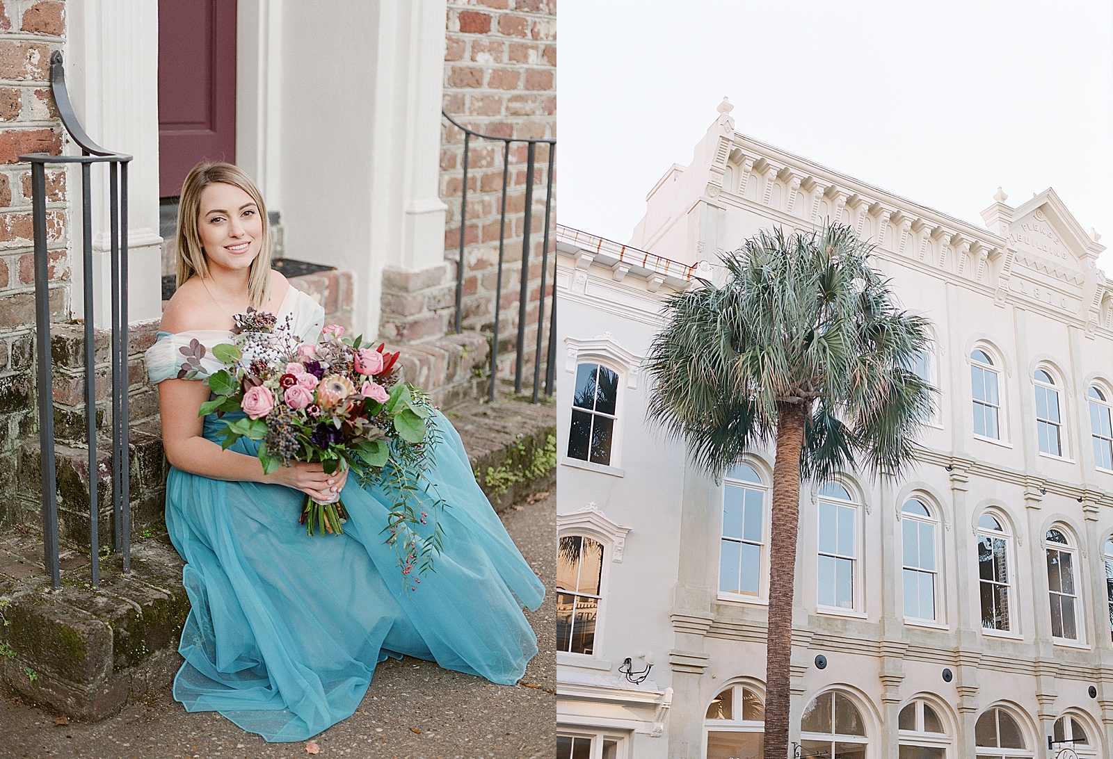 Jamie Sitting on Stairs in Vintage Blue Dress and Downtown Charleston Building Photos