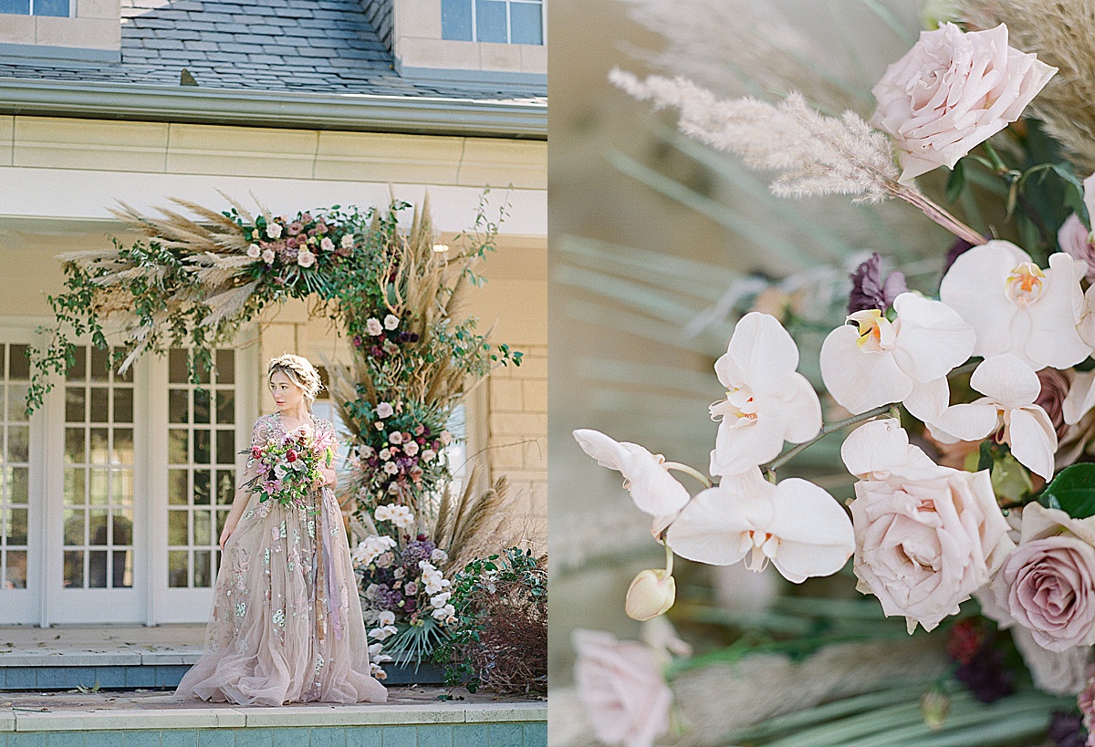 Lavender Wedding Dress Inspiration bride holding bouquet and flower detail photos 