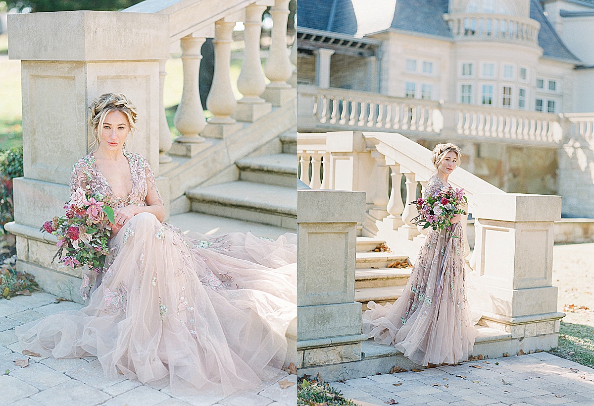 Lavender Wedding Dress Inspiration shoot Bride on stairs photos 