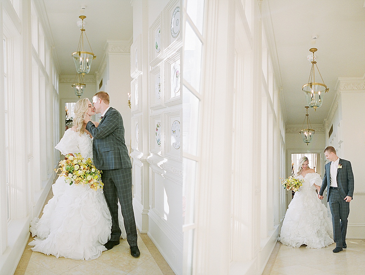Bride and Groom Holding Hands and Kissing in Hallway Photos 