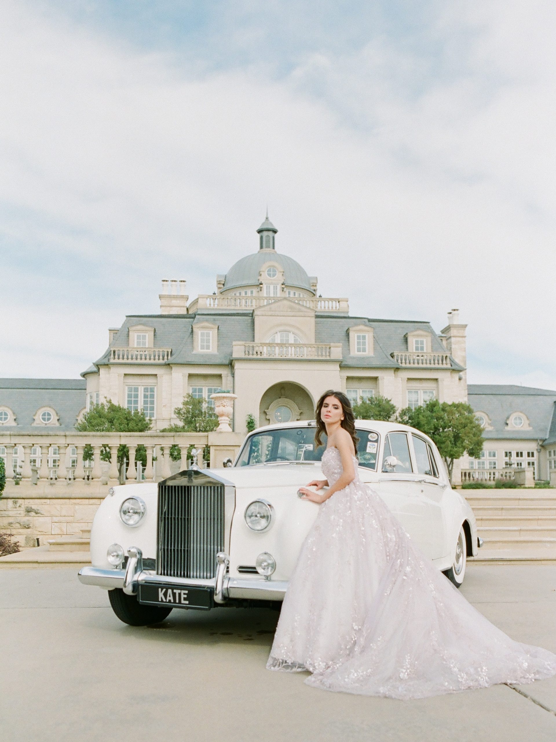Bride in Front of Vintage Car at Olana in Texas 