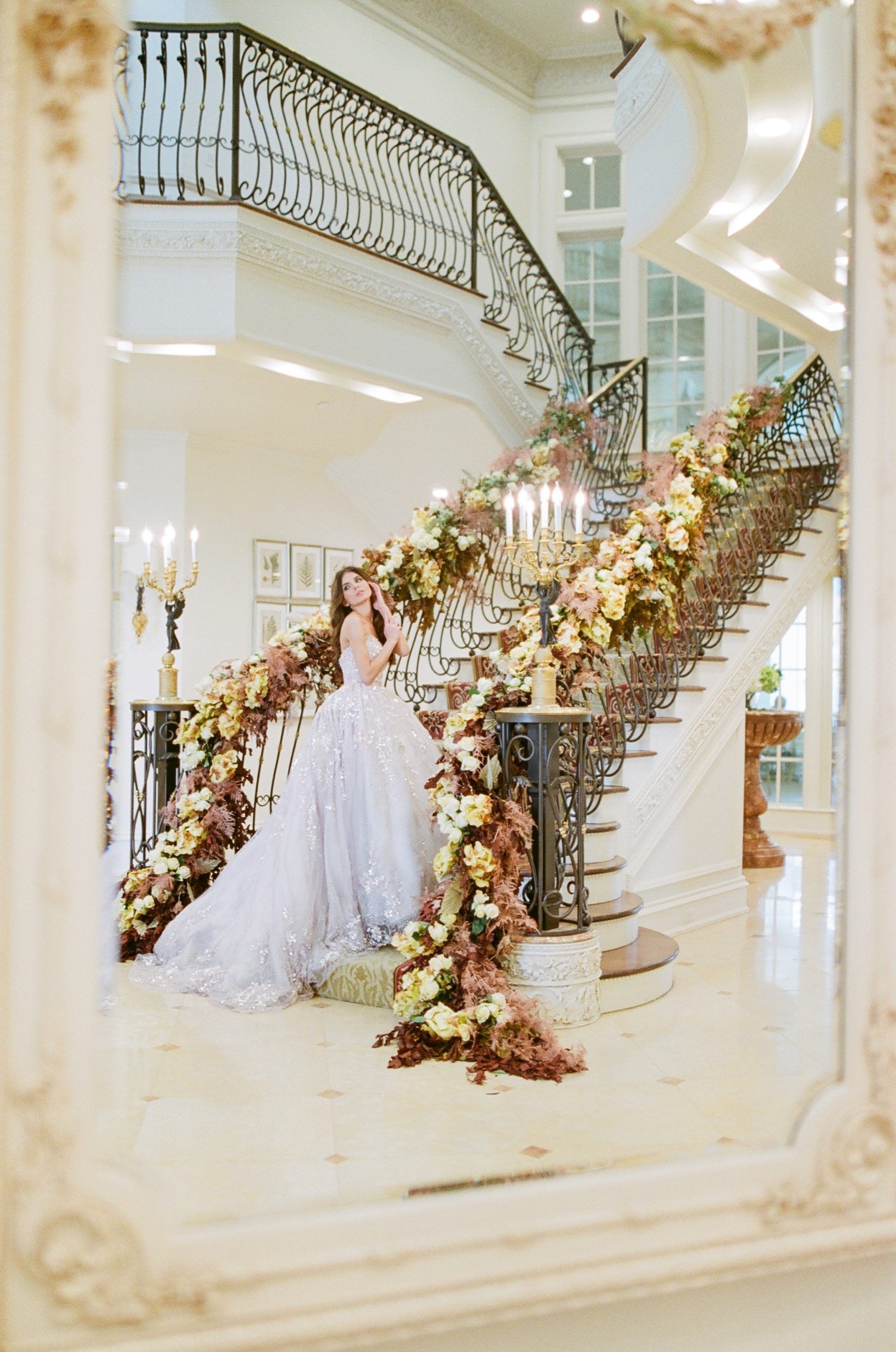 Bride on Grand staircase at Olana in Dallas Texas 