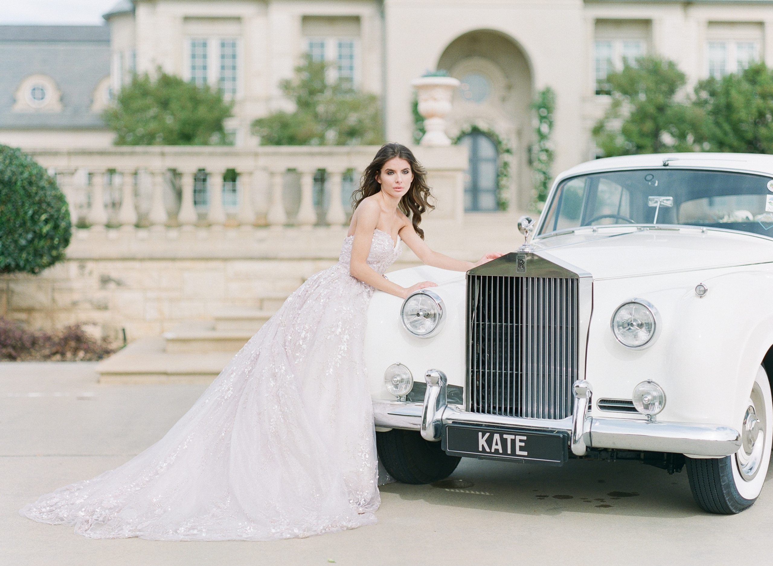 Bride Leaning on Vintage Car in Lavender Couture Wedding Dresses
