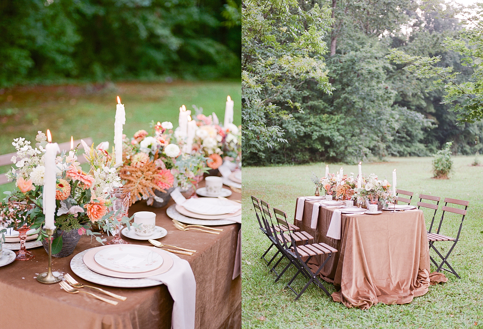 Birmingham Wedding Reception Table Details with Brown Tablecloth and flowers and Candles Photos