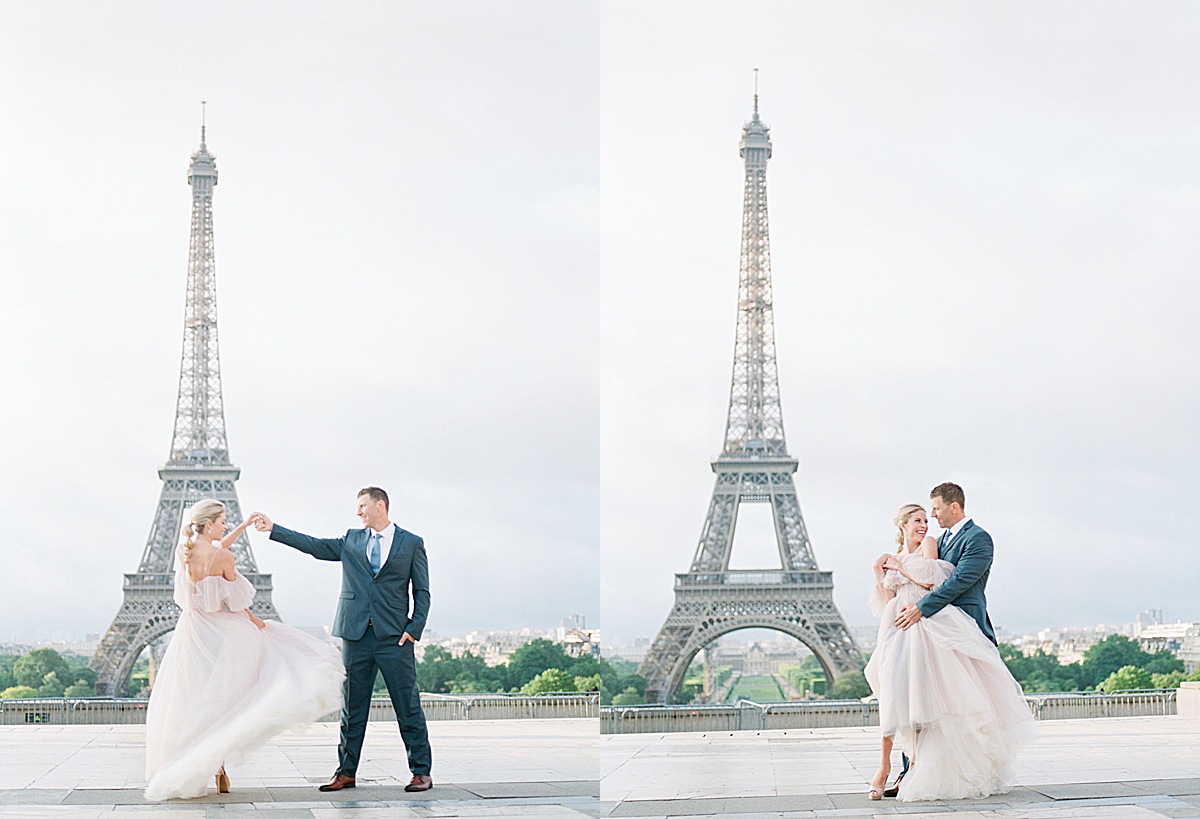 Eiffel Tower Wedding Groom Twirling and Hugging Bride Photos