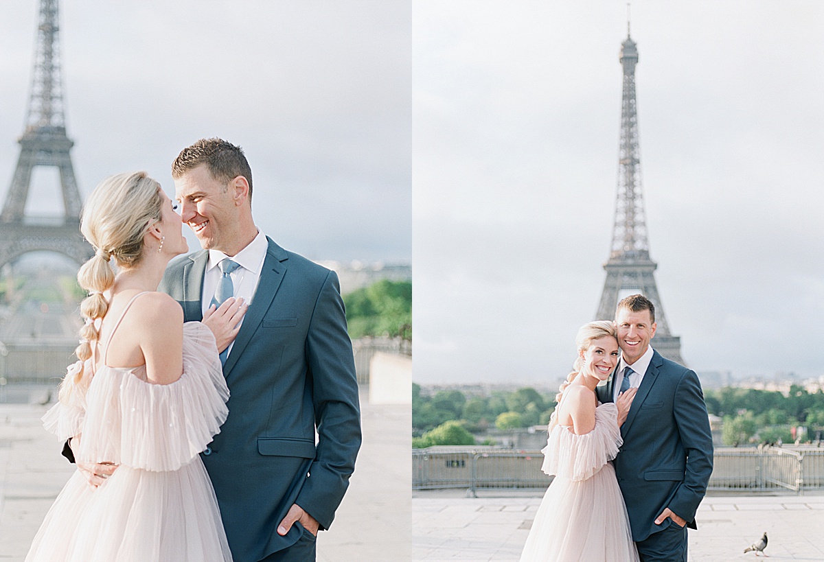 Eiffel Tower Wedding Bride and Groom Smiling at each other and Camera Photos