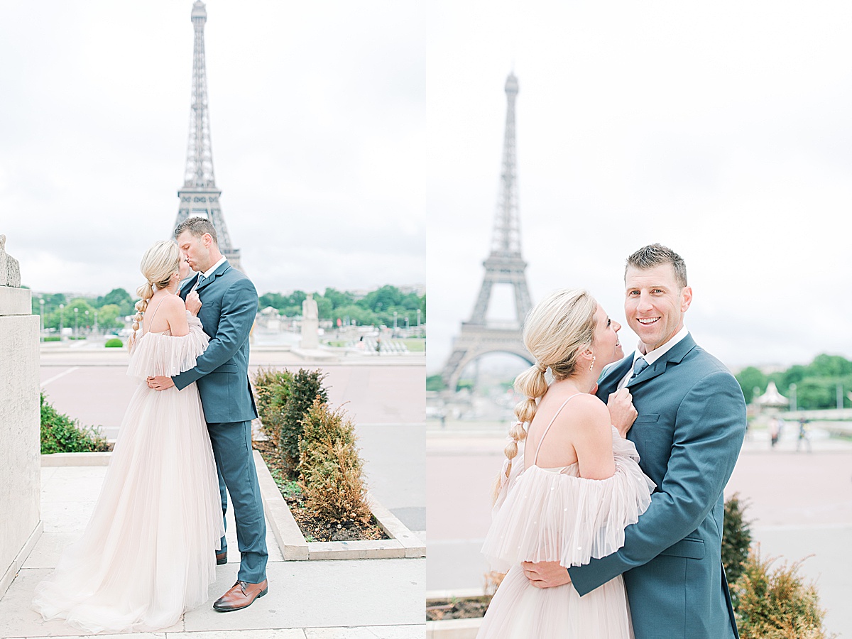 Eiffel Tower Wedding Bride and Groom Kissing and and Groom Smiling at Camera Photos