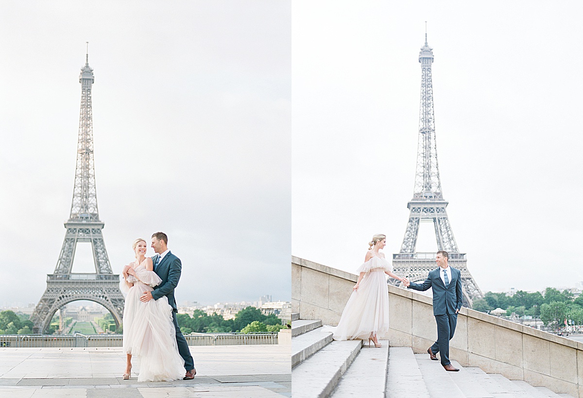 Eiffel Tower Wedding Groom Hugging Bride and Couple Walking Down Stairs Photos