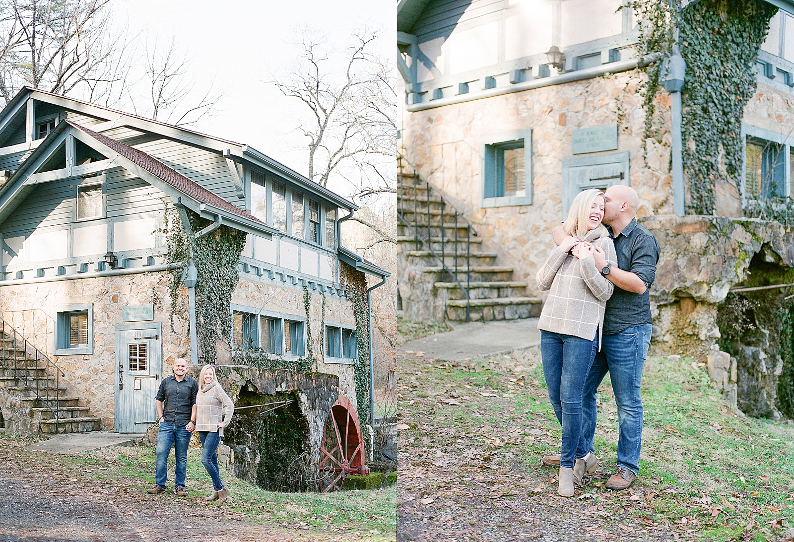 Couple Smiling And Snuggling In Front of Tutor Style House Photos