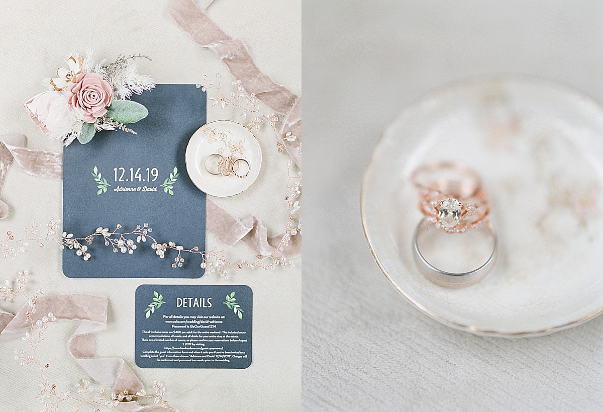 Invitation Suite with Flowers and Ribbon and Detail of Rings on Ring Dish Photos