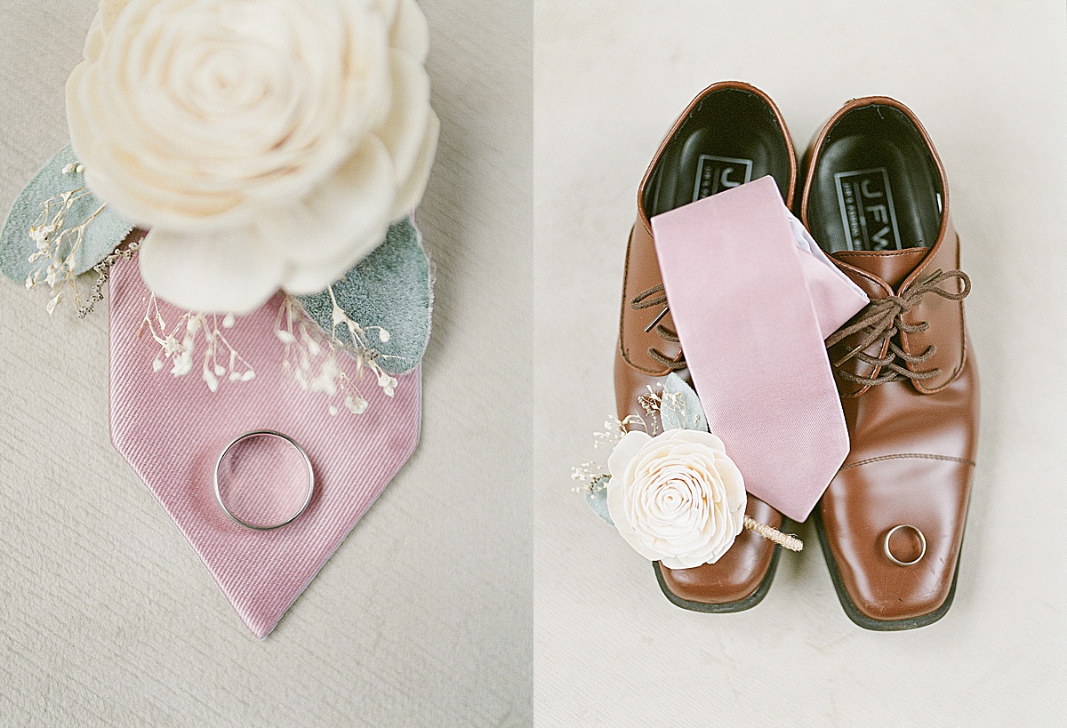 Grooms Details Tie, Boutonniere, Ring and Shoes Photos 