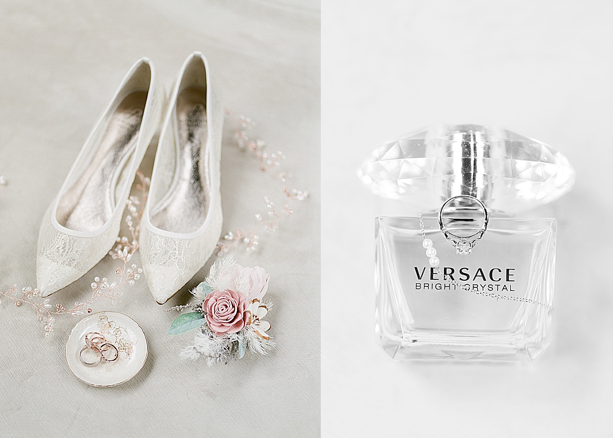 Brides shoes, Rings, Flowers and Black and White of Perfume Bottle with RIng and Necklace Photos 