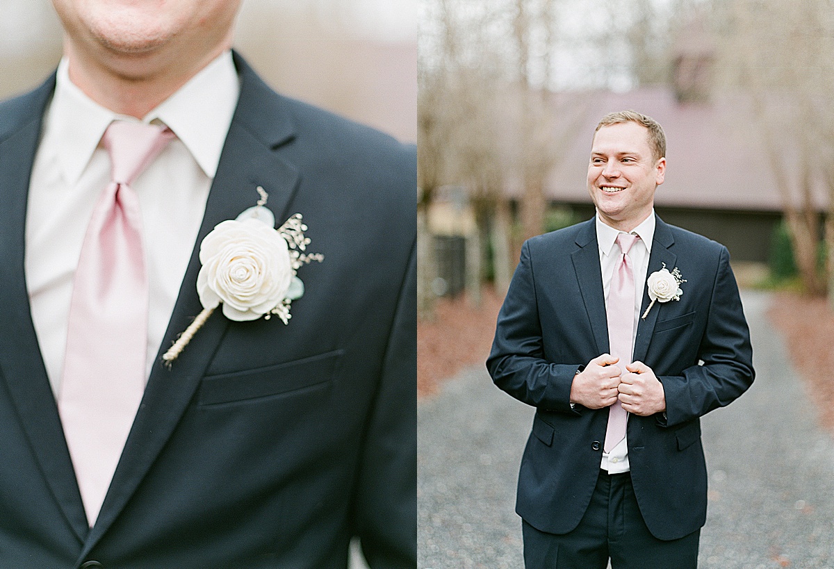 Detail of Grooms Tie and Boutonniere and Groom Holding Jacket Smiling Photos 
