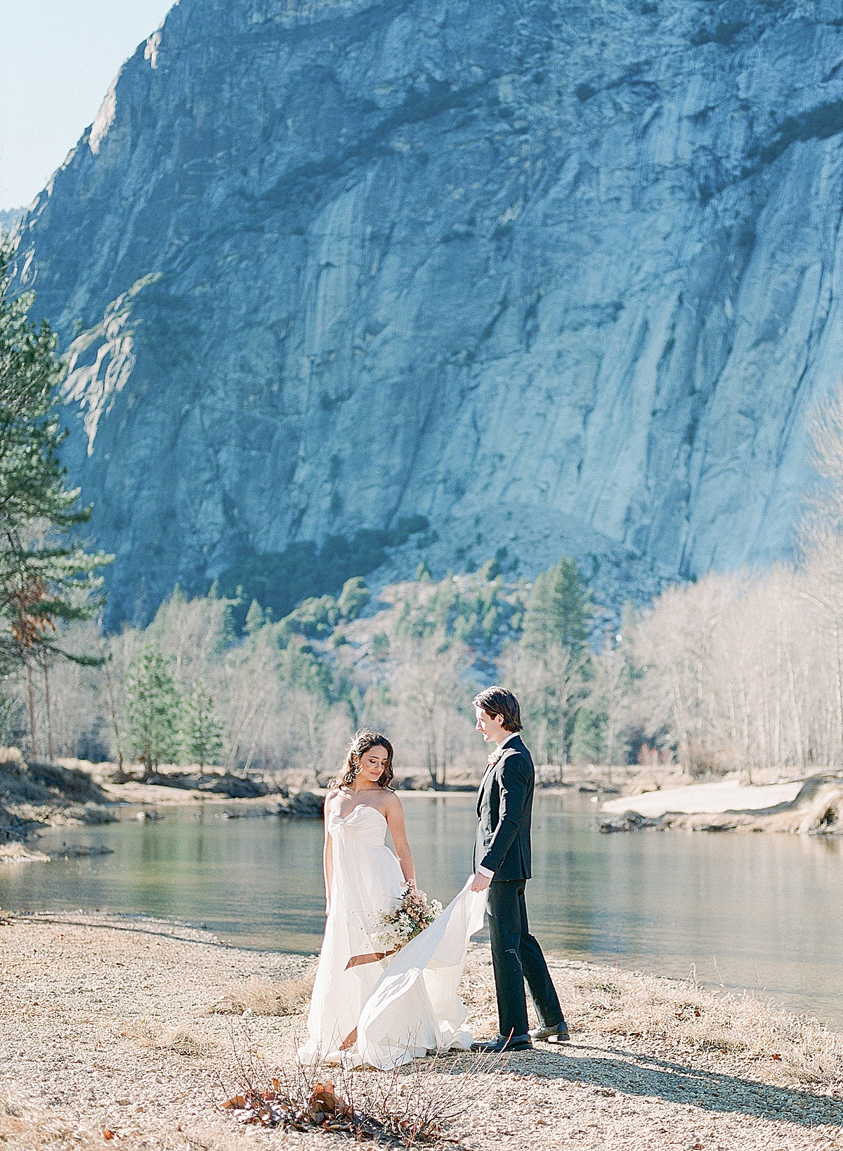Yosemite Wedding Bride and Groom Walking In Front Of El Capitan Photo