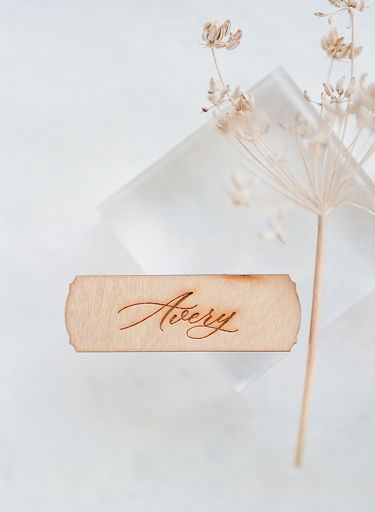 Detail of Name Tag on Clear Block and Dry Flower Photo