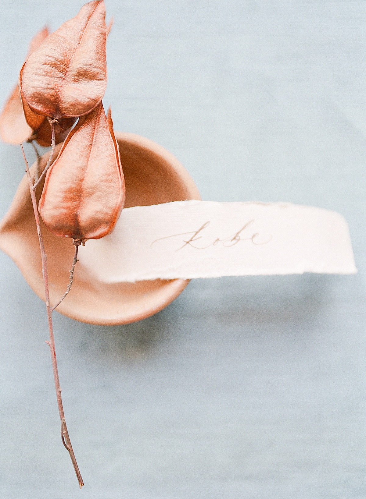 Yosemite Wedding Detail Dried Flower Name Tag and Terracotta Bowl Photo