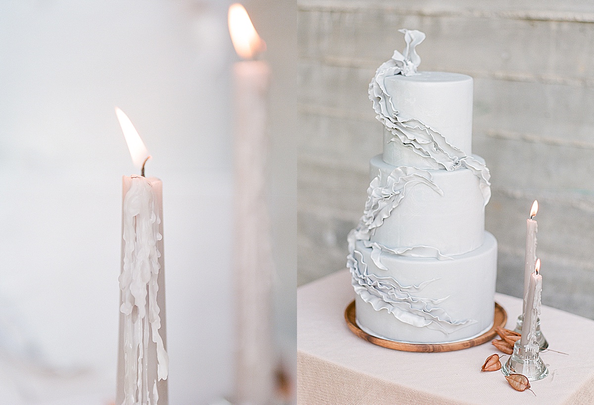Yosemite Wedding Dripping Candle and Grey Cake with Ruffle Photos 