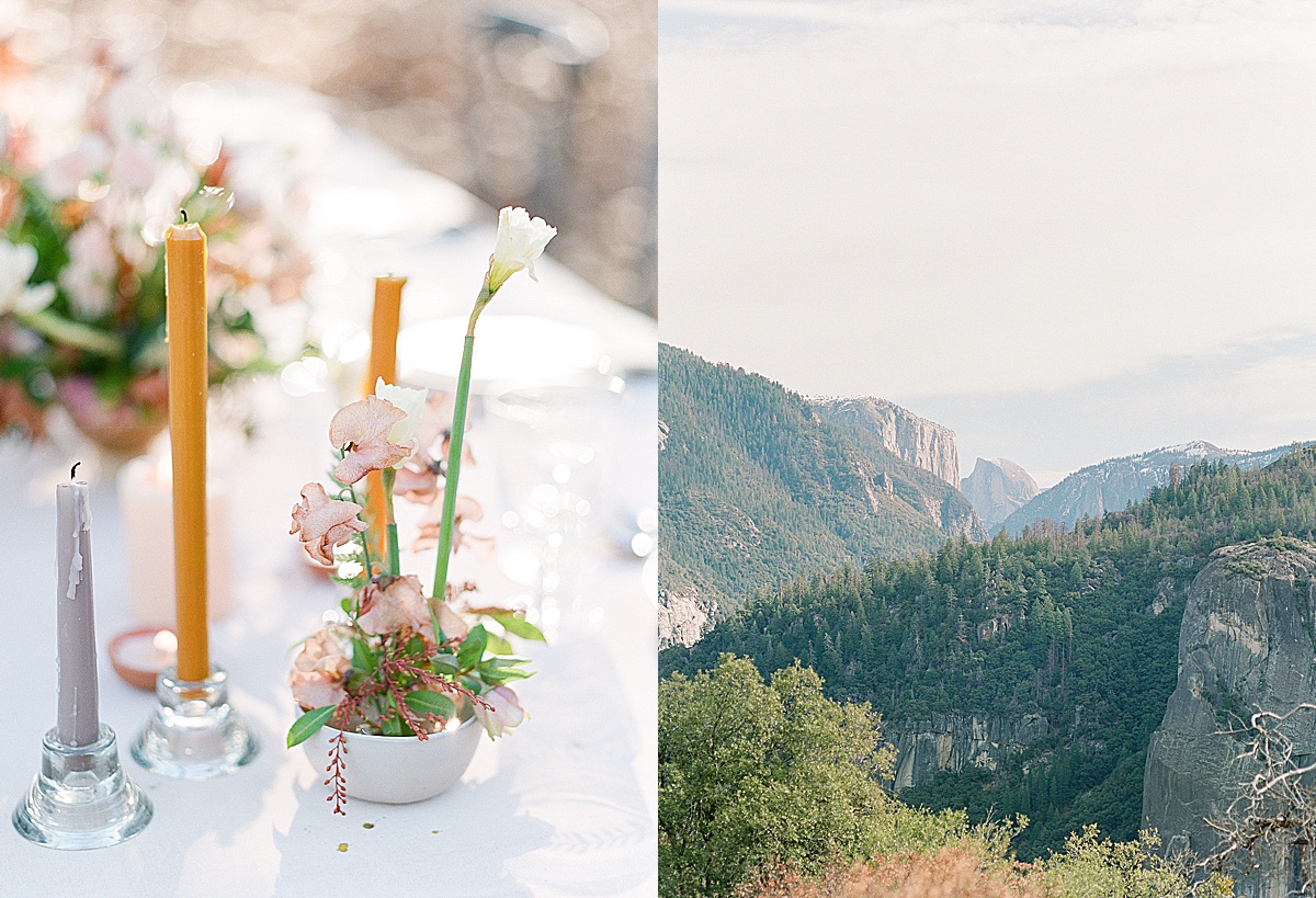 Reception Table with Candles and Florals and Photo of Half Dome in Yosemite Photos 