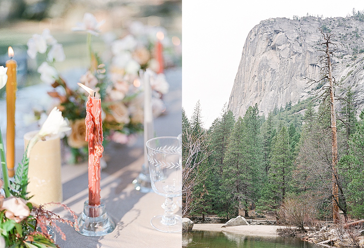 Yosemite Wedding Reception Table Dripping Candles and El Capitan Photos 