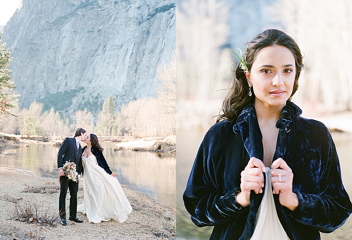 Yosemite Wedding Bride and Groom Kissing and Bride in Blue Velvet Jacket Photos