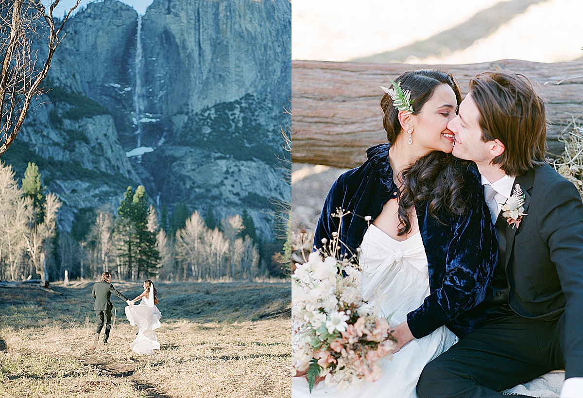  Bride and Groom Running Through Field Toward Yosemite Falls and Couple Kissing Photos  