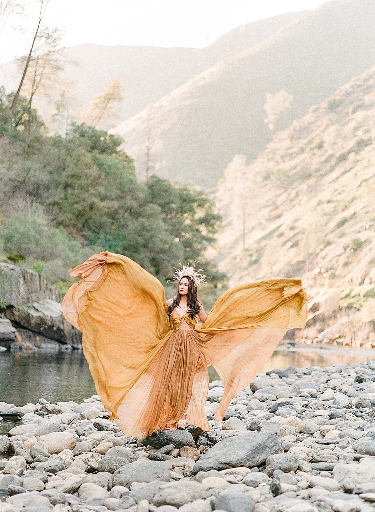 Leanne Marshall Flowing Golden Gown Model By Merced River Photo
