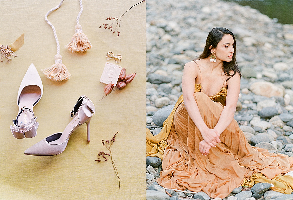 Leanne Marshall Golden Gown Detail of Pink Heels And Model On Rocks Photos