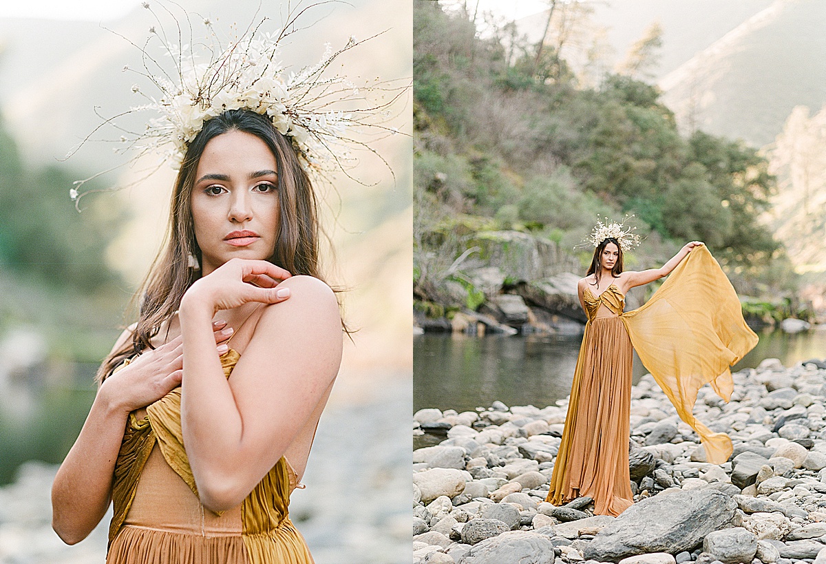 Leanne Marshall Golden Gown Model Wearing Floral Headpiece Photos