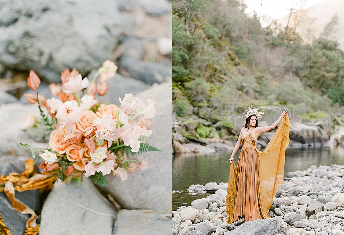 Detail of Bridal Bouquet on Rocks and Model in Leanne Marshall Golden Gown Photos