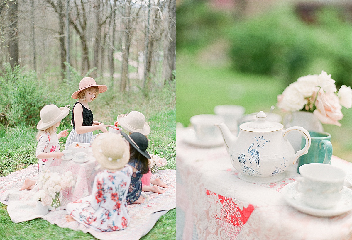 Little Girls Having a Tea Party and Detail of Tea pot and Cups photos 