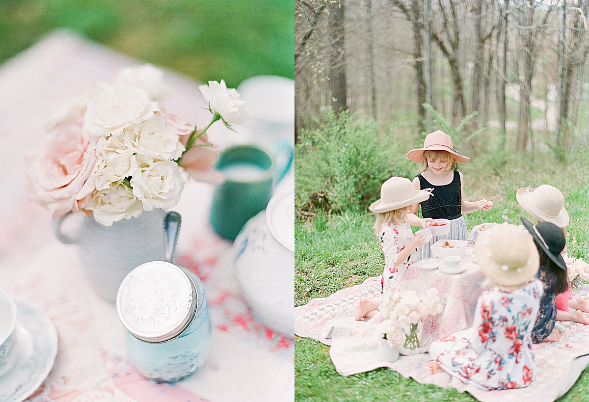 Flowers On Table and Little Girls Having Tea Party On Old Quilts Photos 