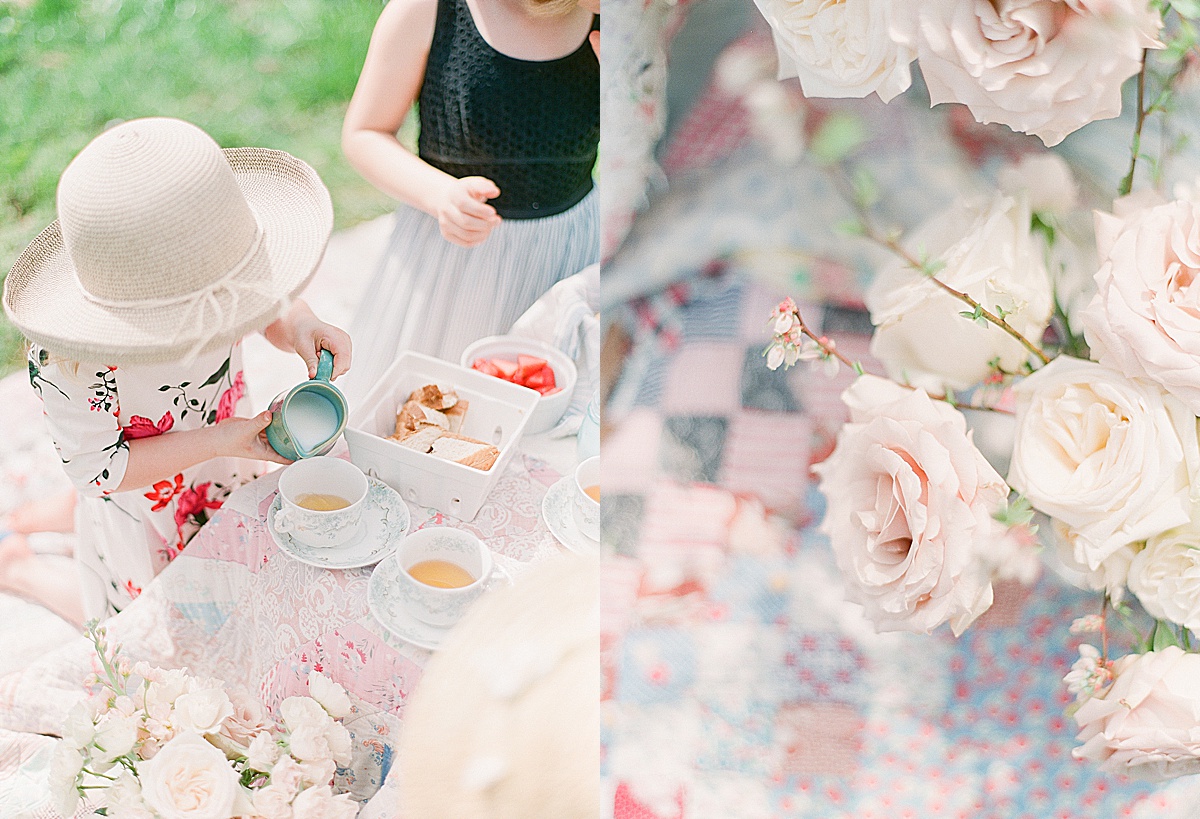Little Girl Pouring Milk In Her Tea and Detail of Roses Photos 