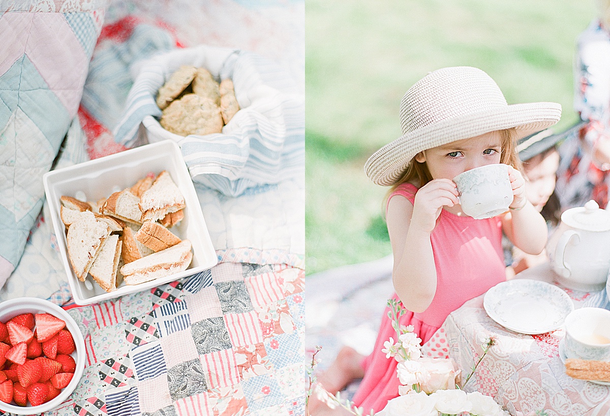 Detail of Sandwiches Strawberries and Cookies and Little Girl Looking Over Tea Cup Photos 