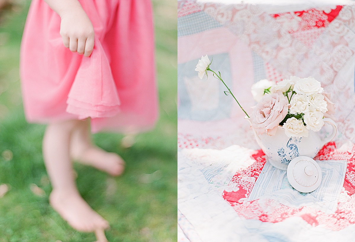 Detail of Little Girl Holding Dress and Teapot Full of Flowers 