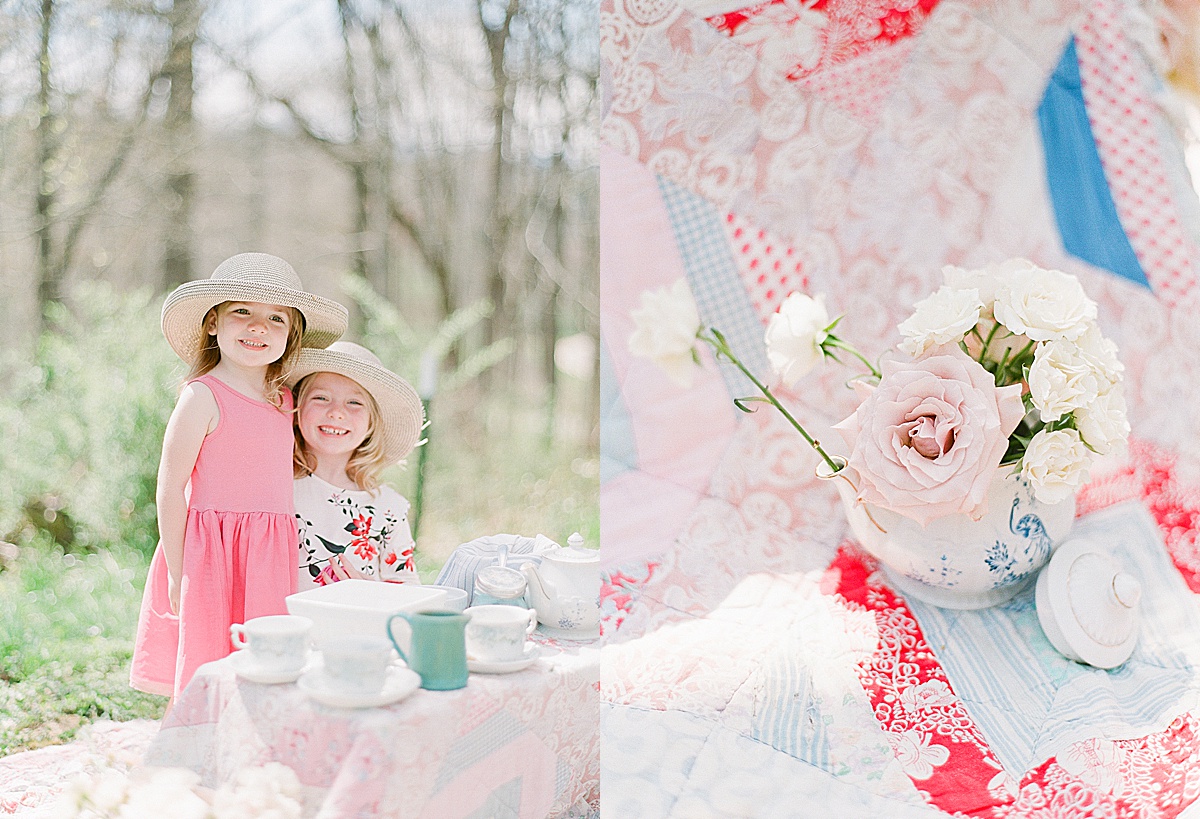 Two Little Girls in Hats Smiling at Camera and Tea Pot Full of Flowers Photos 