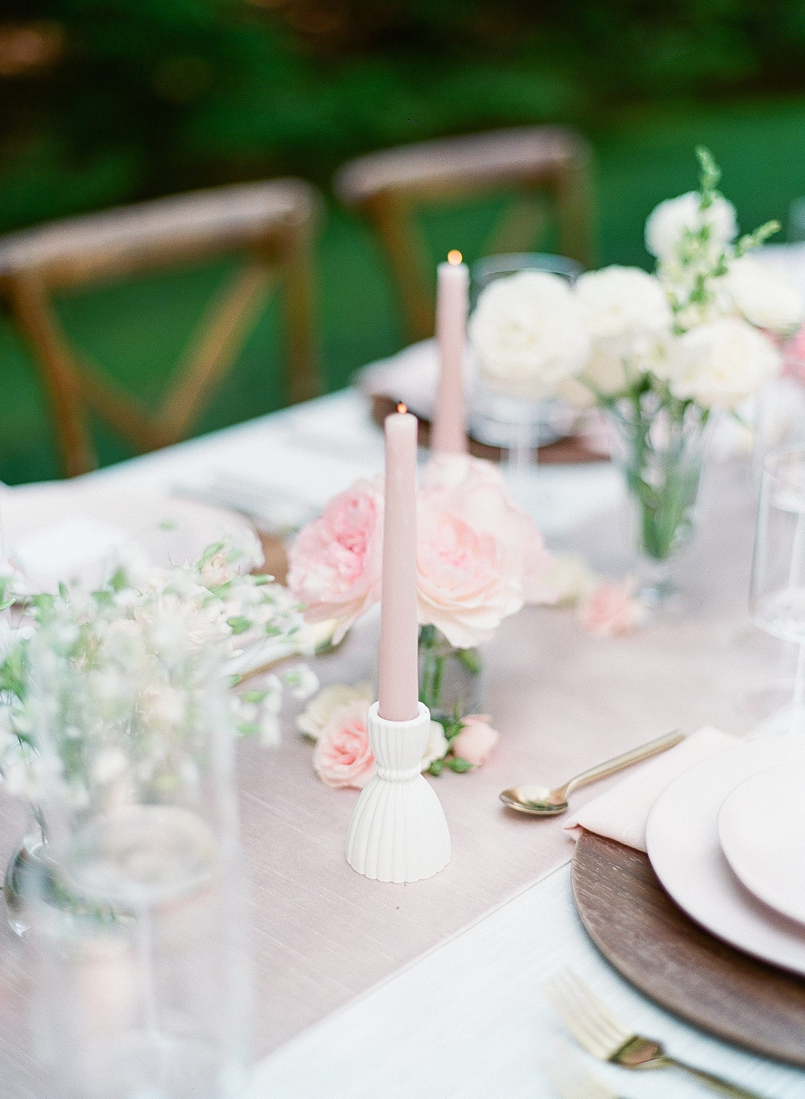Detail of Wedding Reception Table with Pink Taper Candles Photo 