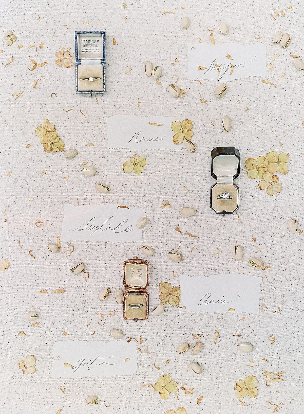 Flat Lay Detail of rings and name cards photo