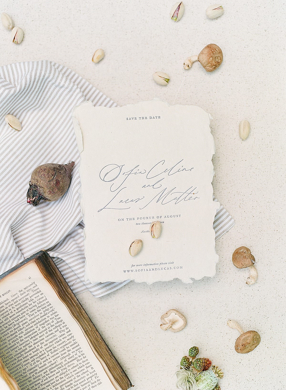 Save the date wedding invitation with book flat lay photo