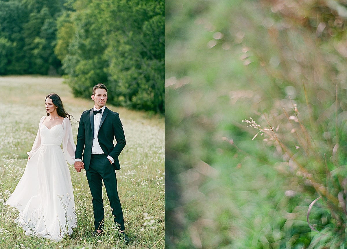 Bride and Groom Holding Hands in Field and detail of Grass photos