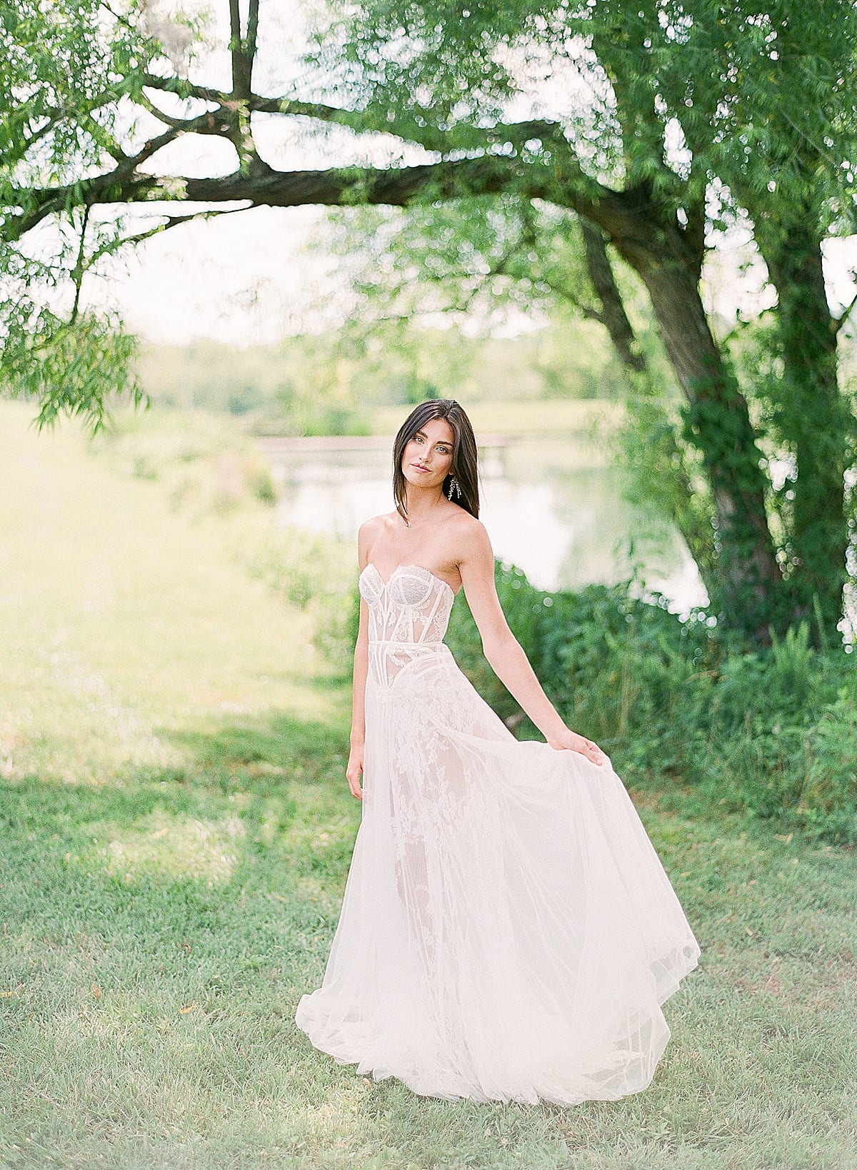 Bride Under Trees In Alon Livne White Gown at Mint Springs Farm Photo 