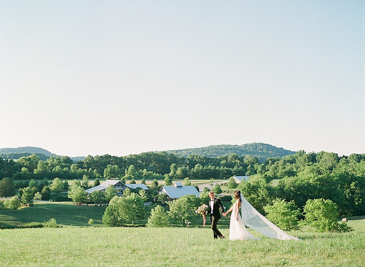 Mint Springs Farm Bride and Groom Walking Across Hilltop Photo
