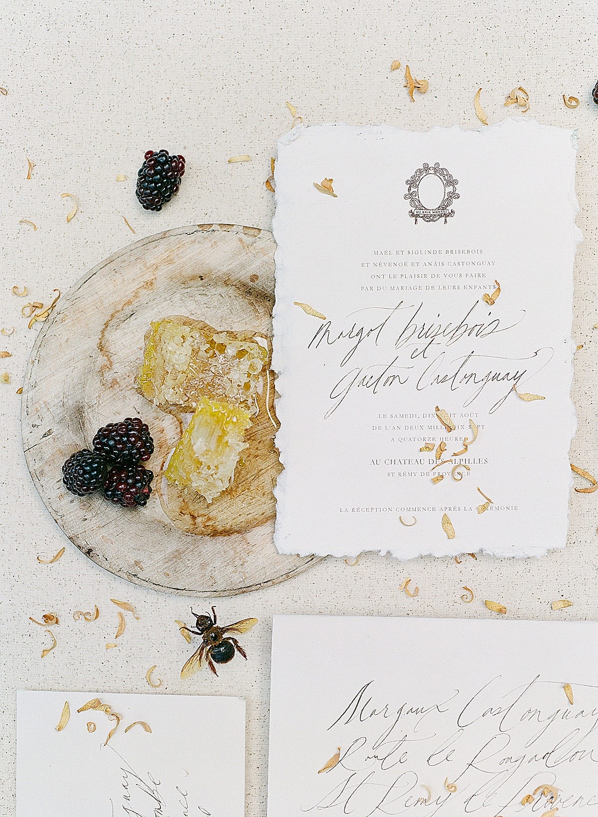 Invitation Suite with plate of honey and blue berries photo