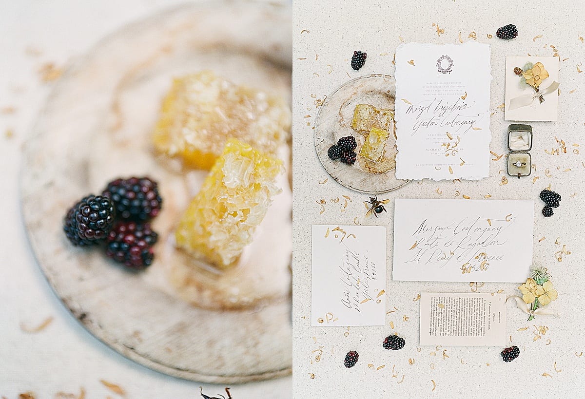 Detail of Honey Comb and Blueberries and Invitation Suite Photos