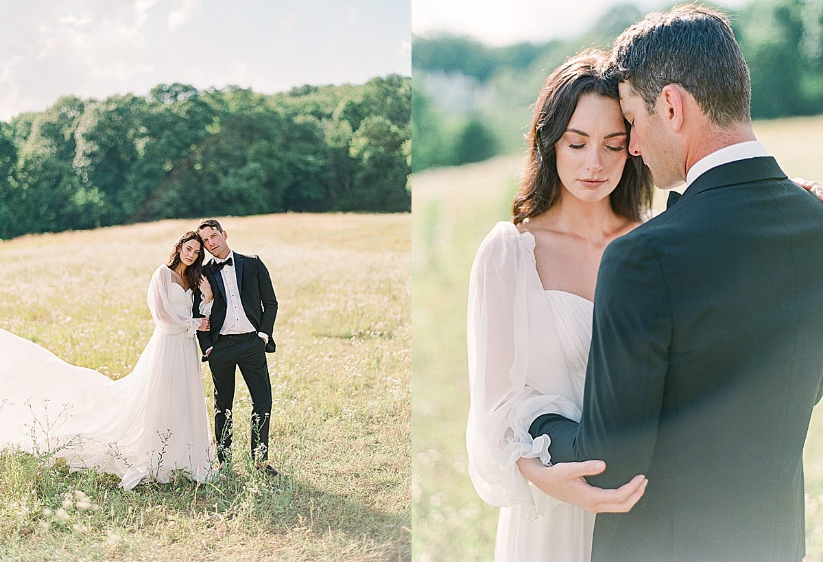 Bride and Groom Snuggling in field photos